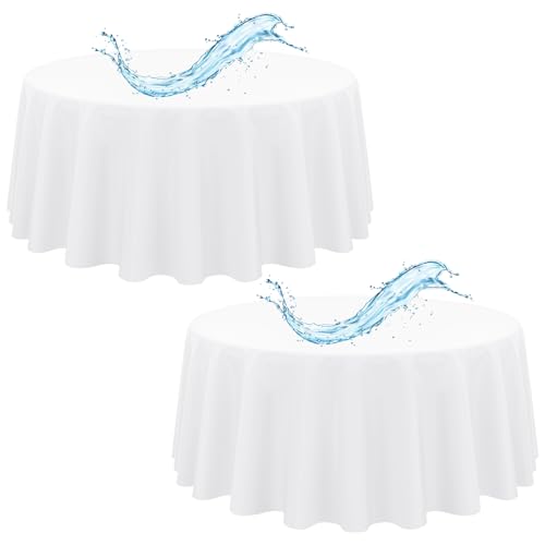 2er-Pack weiße runde Tischdecken, 305 cm, weiße Tischdecken, wasserdichte Polyester-Tischdecke für runde Tische, Flecken- und knitterfrei, waschbare Stoff-Tischdecke für Party, Hochzeit, Essen von Showgeous