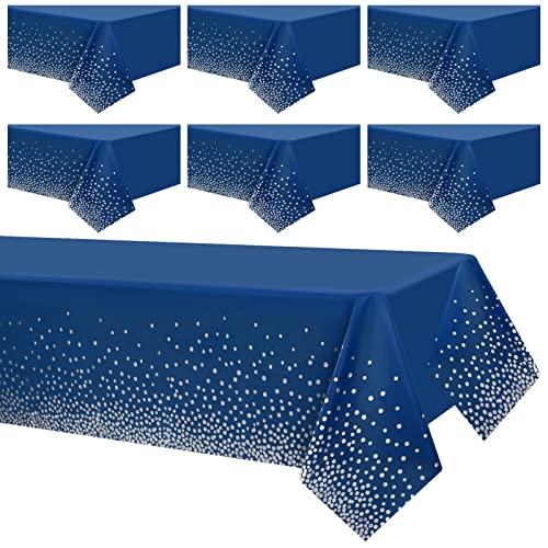 Showgeous 6 Pack Blaue und Silberne Punkt-Tischdecken 54" x 108" Party rechteckige Tischdecken wasserdichte Einweg-Tischdecken Punkt-Konfetti-Tischdecken für Party-Picknick-Geburtstags-Jubiläum von Showgeous