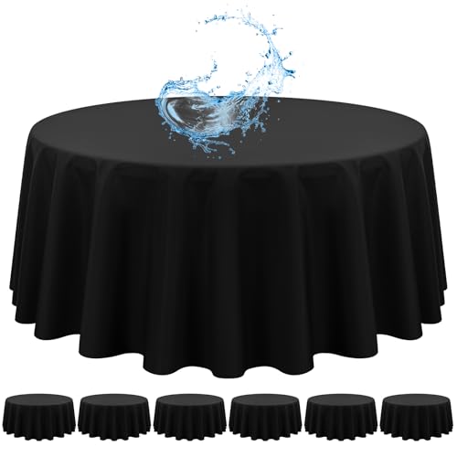 6er-Pack Schwarze runde Tischdecken, 305 cm, Schwarze Tischdecken, wasserdichte Polyester-Tischdecke für runde Tische, Flecken- und knitterfrei, waschbare Stoff-Tischdecke für Party, Hochzeit, Essen von Showgeous