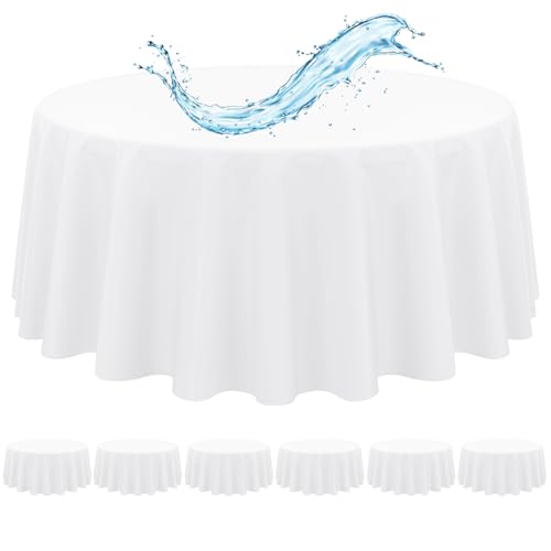 6er-Pack weiße runde Tischdecken, 229 cm, weiße Tischdecken, wasserdichte Polyester-Tischdecke für runde Tische, Flecken- und knitterfrei, waschbare Stoff-Tischdecke für Party, Hochzeit, Essen von Showgeous