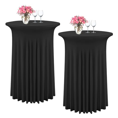 Showgeous 2er-Pack runde Cocktail-Tischdecken mit Rock, 80 x 110 cm, Schwarze Spandex-Stretch-Cocktail-Tischdecken mit gewellten Vorhängen, passgenaue Tischdecken mit hoher Oberseite für Partys von Showgeous