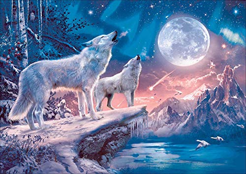 Showker DIY Diamant-Stickerei-Set, komplett, Mond Wolf, 5D Diamond Painting, komplett, Meteor, Tier, rund, Kreuzstich, Stickerei, Dekoration, Zimmer, Büro, Wand zu Hause, 30 x 40 cm von Showker