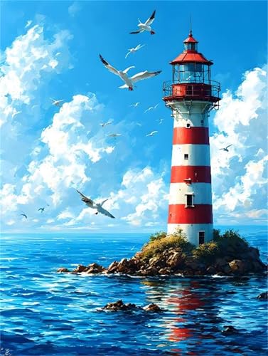 Malen Nach Zahlen Erwachsene Leuchtturm Blauer Himmel Malen Nach Zahlen Kinder mit 3-Pinseln und Acrylfarbe Diy Set, Paint by Numbers Adult Leinwand Handgemalt öLgemäLde Kit Als Geschen 30x40cm s-1915 von Shozhoo