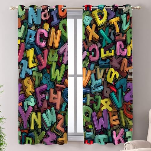 Shrahala Bunte Alphabet-Verdunkelungsvorhänge, Alphabet, Kinder, wärmeisoliert, mit Ösen, lange Vorhänge für Schlafzimmer, Wohnzimmer (2 Paneele, 132 x 160 cm) von Shrahala