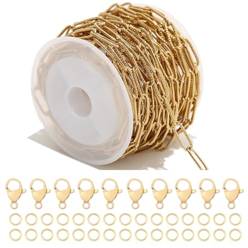 Shuaizhennuo Vergoldete Edelstahl-Büroklammerkette, 4 mm ovales Verbindungsstück, 5 m Rolle mit Karabinerverschlüssen, Biegeringe für Schmuckherstellung, Handwerk (Goldschnitzkette) von Shuaizhennuo