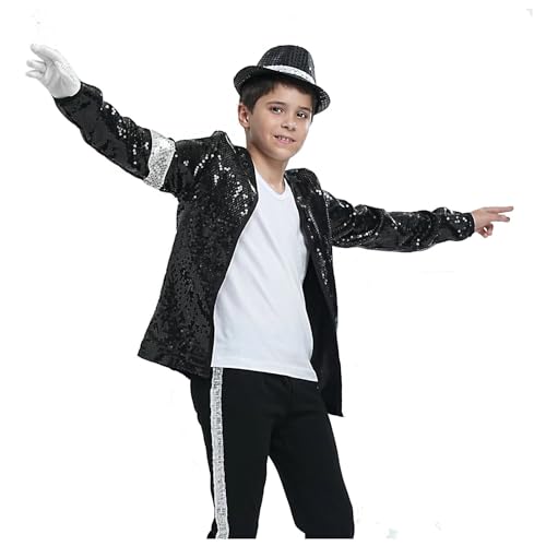 Shuanghao Kostüme Anzugjacken Jacket Top+Hat+Glove 3PS für Erwachsene Kinder Weihnachten Halloween Cosplay Puppe Partys Tänze Retro Punk Männer Frauen Mäntel Outfits Kleidung (Schwarz 130cm) von Shuanghao