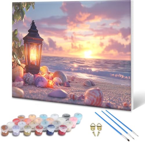 Malen nach Zahlen Erwachsene Sonnenuntergang, Paint by Numbers Bastelset Erwachsene, Malen nach Zahlen Strand, DIY Handgemalt Ölgemälde Set für Deko Wohnzimmer, Geschenke für Frauen 50x40 cm D-4 von Shueayin