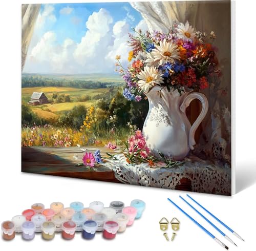 Malen nach Zahlen Landschaft, Malen nach Zahlen Erwachsene Blume, Paint by Numbers Kreativ Set für Erwachsene, DIY Ölgemälde Leinwand Kunst Bastelset für Zimmer Deko Geschenke 80x60 cm, Rahmenlos L-0 von Shueayin