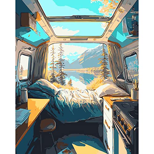 Malen nach Zahlen für Erwachsene, Ölgemälde nach Zahlen, Malen-nach-Zahlen-Set für Erwachsene, Kinder, Erwachsene, Anfänger, Morgen, Wohnwagen, Fluss, Berge, 40,6 x 50,8 cm (selbstmontierbarer Malen nach Zahlen für Erwachsene, Ölgemälde nach Zahlen, Malen-nach-Zahlen-Set für Erwachsene, Kinder, Erwachsene, Anfänger, Morgen, Wohnwagen, Fluss, Berge, 40,6 x 50,8 cm (selbstmontierbarer von Shukqueen