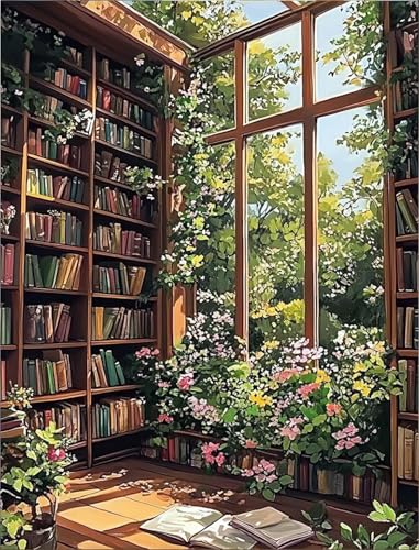 Shukqueen Malen nach Zahlen für Erwachsene, Malen-nach-Zahlen-Set für Anfänger, Bücherregal, Fenster, Blumen, 40,6 x 50,8 cm (rahmenlos) von Shukqueen