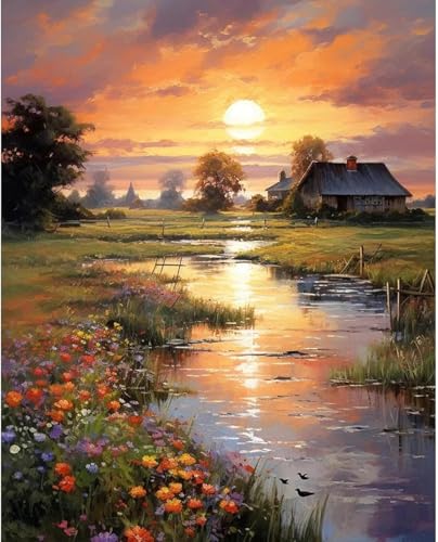 Shukqueen Malen nach Zahlen für Erwachsene, Malen-nach-Zahlen-Set für Anfänger, Sonnenuntergang, Hütte, Fluss, Blumen, 40,6 x 50,8 cm (rahmenlos) von Shukqueen