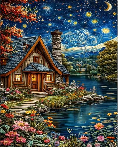 Shukqueen Malen nach Zahlen für Erwachsene, Malen-nach-Zahlen-Set für Anfänger, Sternenhütte, Fluss, Blumen, 40,6 x 50,8 cm (rahmenlos) von Shukqueen