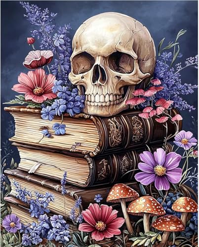 Shukqueen Malen nach Zahlen für Erwachsene, Malen-nach-Zahlen-Set für Anfänger, Totenkopf auf Buch von Blumen, Pilz, 40,6 x 50,8 cm (Holzrahmen zum Selbstaufbau) von Shukqueen