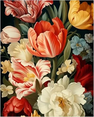 Shukqueen Malen nach Zahlen für Erwachsene, Malen-nach-Zahlen-Set für Anfänger, Tulpen, Pfingstrosen, Blumen, 40,6 x 50,8 cm (rahmenlos) von Shukqueen