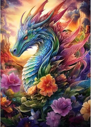Shukqueen Malen nach Zahlen für Erwachsene, Malen-nach-Zahlen-Set für Anfänger, grüner Drache in Blumen, 40,6 x 50,8 cm (rahmenlos) von Shukqueen