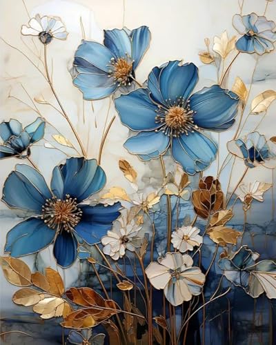 Shukqueen Malen nach Zahlen für Erwachsene DIY Malen nach Zahlen Kit für Anfänger Blau Weiß Blumen mit Blatt 16x20 (Selbstmontage Holzrahmen) von Shukqueen