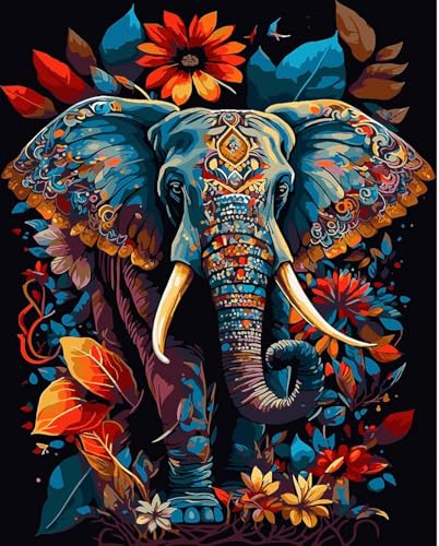 Shukqueen Malen nach Zahlen für Erwachsene DIY Malen nach Zahlen Kit für Anfänger Blauer Elefant aus Blumen 16x20 (Selbstmontage Holzrahmen) von Shukqueen