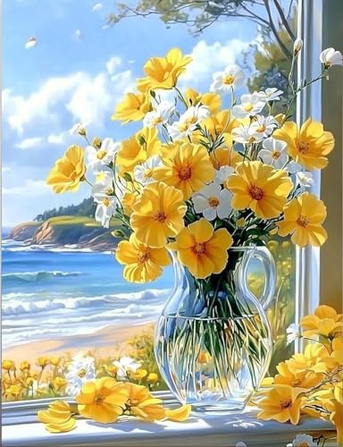 Shukqueen Malen nach Zahlen für Erwachsene DIY Malen nach Zahlen Kit für Anfänger Gelb Weiß Blumen am Fenster 16x20 (Selbstmontage Holzrahmen) von Shukqueen