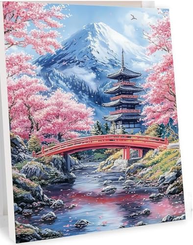 Shukqueen Malen nach Zahlen für Erwachsene DIY Malen nach Zahlen Kit für Anfänger Rosa Blumen Brücke Bach Berge 16x20 (Selbstmontage Holzrahmen) von Shukqueen