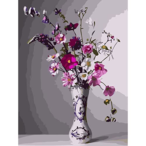 Shukqueen Malen nach Zahlen für Erwachsene DIY Öl Malen nach Zahlen Erwachsene Kit Malen nach Zahlen Kinder Erwachsene Anfänger Rosa Rose Blumen in Vase 61 x 76 cm (rahmenlos) von Shukqueen