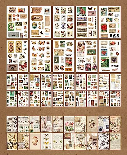 Shulian 30 Blatt 600+ Stück Scrapbook Sticker Scrapbook Papier Set, Tagebuch Sticker mit Vorschnitt, Fotoalbum Sticker, Illustration Blumen Pflanzen Vintage Aufkleber und 20 Blatt Scrapbook Papier von Shulian