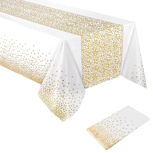 Shunshi Kunststoff-Tischdecken, 137 x 274 cm, Einweg-Tischdecke, kariert, rechteckig, wasserdicht und auslaufsicher, Party-Tischdecken, abwischbar, für Partyzubehör, 2 Stück, Weiß mit goldenen Punkten Shunshi Kunststoff-Tischdecken, 137 x 274 cm, Einweg-Tischdecke, kariert, rechteckig, wasserdicht und auslaufsicher, Party-Tischdecken, abwischbar, für Partyzubehör, 2 Stück, Weiß mit goldenen Punkten von Shunshi