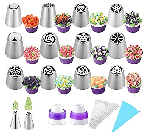 ShuoBeiter 27pcs Russian Piping Tipps Backzubehör Set Cake Decorating Tipps für Cupcake Cookies Geburtstagsfeier, 12 Icing Tipps, 2 Leaf Piping Tipps, 2 Koppler, 10 Gebäckbackbeutel (27) von ShuoBeiter