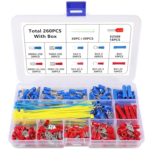 260 Stück Crimpverbinder und Klemmen, Schrumpfschlauch, sortiert, vollisoliert, isoliert, elektrischer Steckverbinder, sortiert, Spatenring, Gabel-Sortiment, Set von Shutao
