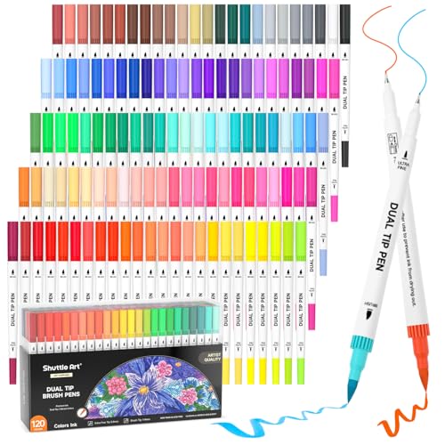 Shuttle Art Dual Brush Pen Set, 120 bunte Filzstifte doppelköpfige Pinselstifte mit weicher Spitze, Aquarellstifte mit zwei Arten von Schreibfedern Fasermaler (1-2mm) & Fineliner(0,4mm), doppelseitig von Shuttle Art