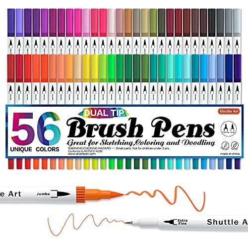 Shuttle Art Dual Brush Pen Set, doppelköpfige Pinselstifte mit weicher Spitze, 56 bunte Aquarellstifte mit zwei Arten von Schreibfedern: Fasermaler (1-2mm) und Fineliner(0,4mm) von Shuttle Art