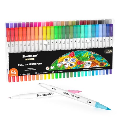 Shuttle Art Dual Brush Pen Set, doppelköpfige Pinselstifte mit weicher Spitze, 56 bunte Aquarellstifte mit zwei Arten von Schreibfedern: Fasermaler (1-2mm) und Fineliner(0,4mm) von Shuttle Art