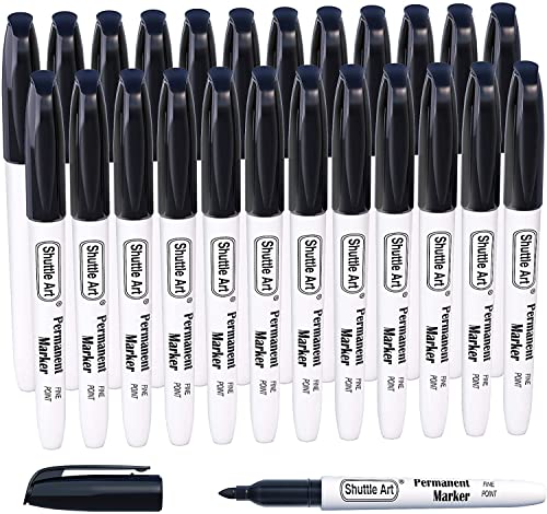 Shuttle Art Permanent Marker, 24 schwarze Permanentmarker mit feiner Spitze, wasserfest, Filzstifte, für Kunststoff, Stein und Glas zum Bemalen und Markieren geeignet von Shuttle Art