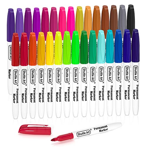 Shuttle Art Permanent Marker fein, 30 Permanent Marker bunt mit feiner Spitze, wasserfeste Stifte, Folienstift permanent, Filzstifte, für Kunststoff, Stein und Glas zum Bemalen und Färben geeignet. von Shuttle Art