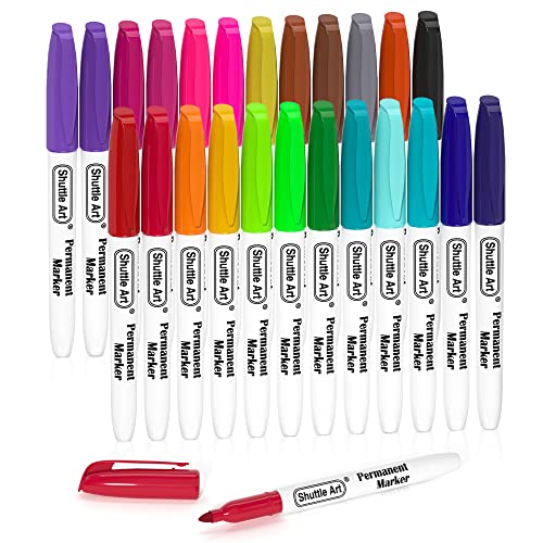 Shuttle Art Permanent Marker fein, 24 Permanent Marker bunt mit feiner Spitze, Folienstift permanent, wasserfeste Stifte, Filzstifte, für Kunststoff, Stein und Glas zum Bemalen und Färben geeignet. von Shuttle Art