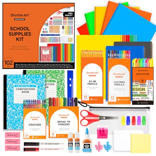 Shuttle Art 102 teiliges Schulsachen Set, Schulbedarf Box für Schulanfang, Einschulung, Malstifte, Schreibwaren für Kinder und Studenten, Bleistifte, Stifte, Marker, Radiergummis, Notizbücher, Ordner von Shuttle Art