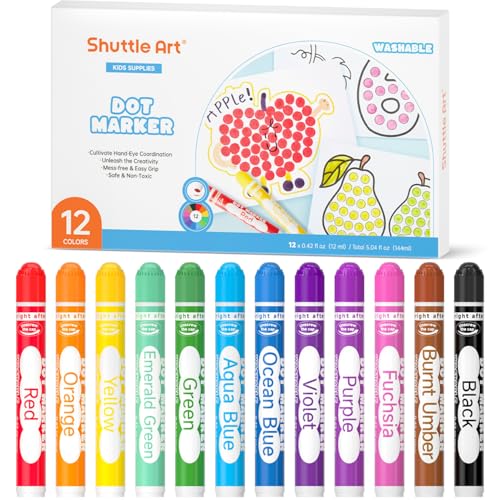 Shuttle Art 12 Farben Dot Markers, Kinderstifte auswaschbar, Bingo Marker, Stempelstifte für Kinder zum Malen & Bingo Painting Set, Bingo Dabber Pen mit ungiftiger Wasserbasis Tinte, Punkt Marker Set von Shuttle Art