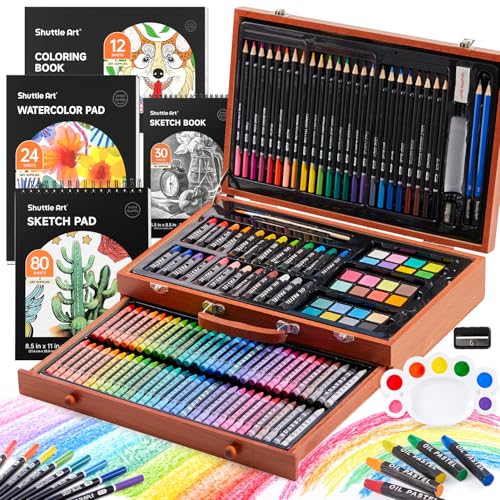 Shuttle Art 149 teiliges Malset, Deluxe Malkoffer mit Buntstift, Ölpastellkreide, Aquarellfarben, Wachsmalstifte, Malbuch, Aquarellblock, Holzkoffer, für Kinder und Erwachsene geeignet von Shuttle Art