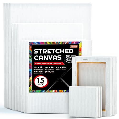 Shuttle Art 15 Leinwand auf Keilrahmen, 10 x 10, 13 x 18, 20 x 25, 23 x 30, 28 x 36 cm weiße Leinwände zum Bemalen, Multipackung, je 3 Stück, 100% Baumwolle, für Öl-, Gouache-, Acrylfarben geeignet Shuttle Art 15 Leinwand auf Keilrahmen, 10 x 10, 13 x 18, 20 x 25, 23 x 30, 28 x 36 cm weiße Leinwände zum Bemalen, Multipackung, je 3 Stück, 100% Baumwolle, für Öl-, Gouache-, Acrylfarben geeignet von Shuttle Art