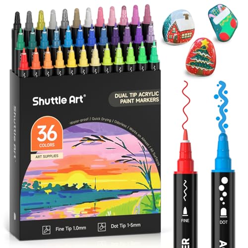 Shuttle Art Acrylstifte für Steine wasserfest, 36 Farben Steine bemalen Stifte Set, doppelköpfige Acrylmarker mit Dot & feine Spitze, Acryl Stifte für holz, Ostereier, Glas, Keramik, Leinwand von Shuttle Art