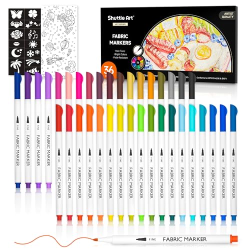 Shuttle Art 36 farbige Textilstifte, waschmaschinenfestes Textilstiftset mit 11 Vorlagen und 1 leeren Leinwand, Textilmarker, auf T-Shirts, Beutel, Kleidung, Sportschuhen, Jeans zur Verwendung Shuttle Art 36 farbige Textilstifte, waschmaschinenfestes Textilstiftset mit 11 Vorlagen und 1 leeren Leinwand, Textilmarker, auf T-Shirts, Beutel, Kleidung, Sportschuhen, Jeans zur Verwendung von Shuttle Art