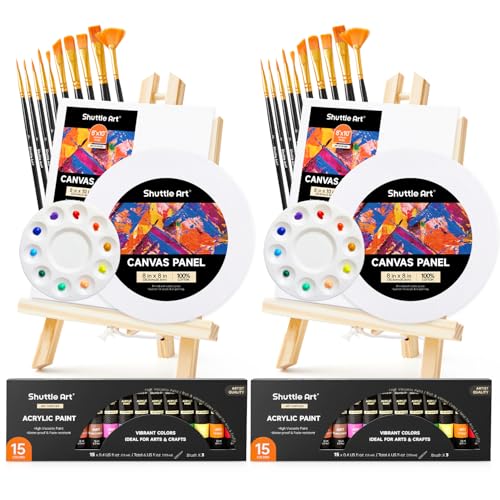 Shuttle Art 58 Stück Acrylfarben Set, Malkoffer mit 2 Pack 15 Acryl Farben, 2 Staffelei holz, Leinwand, Pinsel, Acrylic Paint Set, Malset für Kinder und Erwachsene zum Malen auf Stein, Leinwand, Holz von Shuttle Art