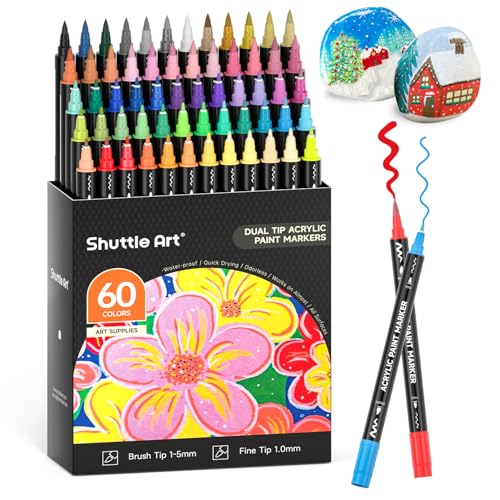 Shuttle Art 60 Farben Acrylstifte für Steine wasserfest, Steine bemalen Stifte Set, doppelköpfige Acrylmarker mit Pinsel & feine Spitze, Acryl Stifte für holz, Ostereier, Glas, Keramik, Leinwand Shuttle Art 60 Farben Acrylstifte für Steine wasserfest, Steine bemalen Stifte Set, doppelköpfige Acrylmarker mit Pinsel & feine Spitze, Acryl Stifte für holz, Ostereier, Glas, Keramik, Leinwand von Shuttle Art
