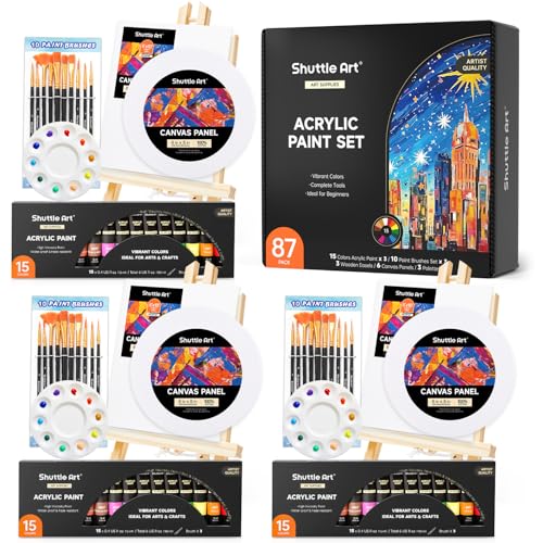 Shuttle Art 87 Stück Acrylfarben Set, Malkoffer mit 3 Pack 15 Acryl Farben, 3 Staffelei holz, Leinwand, Pinsel, Acrylic Paint Set, Malset für Kinder und Erwachsene zum Malen auf Stein, Leinwand, Holz Shuttle Art 87 Stück Acrylfarben Set, Malkoffer mit 3 Pack 15 Acryl Farben, 3 Staffelei holz, Leinwand, Pinsel, Acrylic Paint Set, Malset für Kinder und Erwachsene zum Malen auf Stein, Leinwand, Holz von Shuttle Art