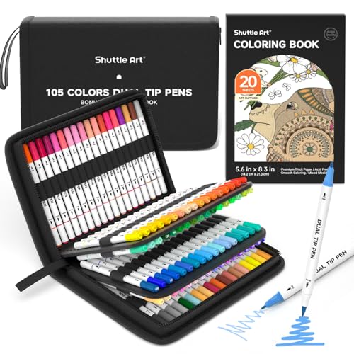 Shuttle Art Dual Brush Pens, 105 bunte doppelköpfige Pinselstifte mit weicher Spitze, zwei Schreibfedern: Fasermaler (1mm) und Fineliner(1-4mm), für Kinder und Erwachsene mit 1 Malbuch zum Schreiben von Shuttle Art