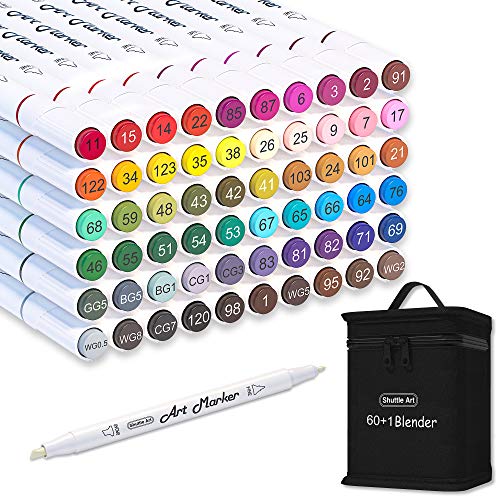 Shuttle Art Marker Stifte, 60 buntes Alkohol Marker Stifte Set mit Blender Marker, doppelseitige Marker Stifte für Kinder & Erwachsene, Alkohol Stifte zum Zeichnen, Illustration, Skizzieren von Shuttle Art