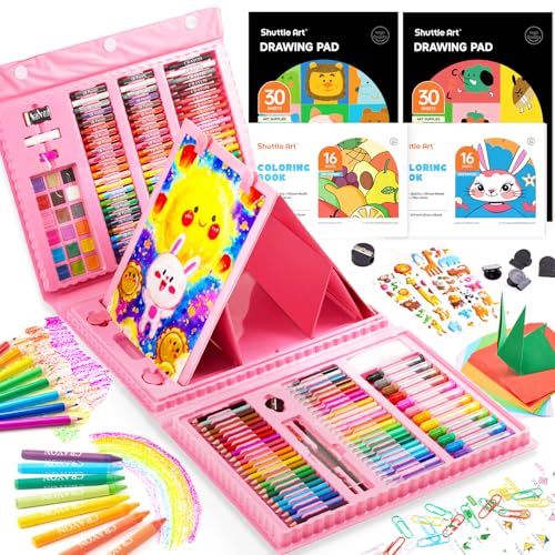 Shuttle Art Malkoffer Kinder, 335 teiliger Malkasten für Kinder rosa, Malset für Kinder und Anfänger zum Malen und Zeichnen, Malset Kinder mit Wasserfarben, Wachmalstifte, Buntstifte, Malstifte von Shuttle Art