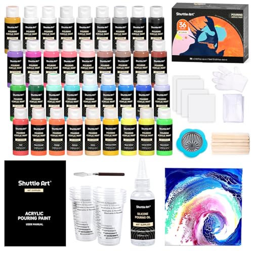 Shuttle Art Pouring Acrylfarben Set, 36 Acryl Farben in Flaschen (je 60m/2oz) mit Silikonöl & Leinwand, vorgemischtes Acrylic Pouring Farben für Stein, Holz, Papier, Künstlerbedarf für Erwachsene von Shuttle Art