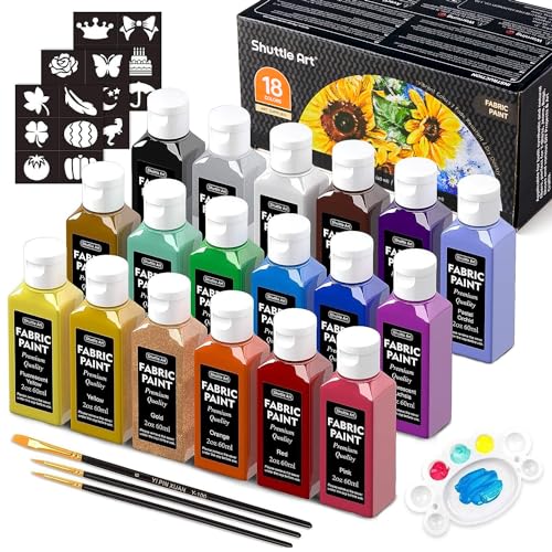 Shuttle Art Textilfarbe waschmaschinenfest, 18 waschfeste Stoffmalfarben (je 60ml) in Flaschen mit Pinseln, Vorlagen, wasserfeste Stofffarben für Kinder auf T-Shirt, Schuhe, Jeans, Tasche, Kleidung von Shuttle Art