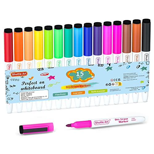 Shuttle Art Whiteboard Marker, 15 Farben Magnet Whiteboard Stifte (mit Radiergummi), abwischbar, Whiteboardstifte mit feiner Spitze, für Whiteboards, magnetischen Schreibtafeln, Spiegel geeignet von Shuttle Art