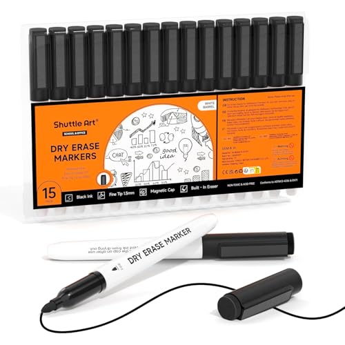 Shuttle Art Whiteboard Marker schwarz, 15 magnetische whiteboard stifte abwischbar schwarz, Folienstift trocken abwischbar fein, für Whiteboards, magnetische Schreibtafeln, Spiegel geeignet von Shuttle Art